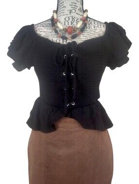 Trendy Js Black Smocked Peplum Lace Up Flutter Sleeve Crop Top Large